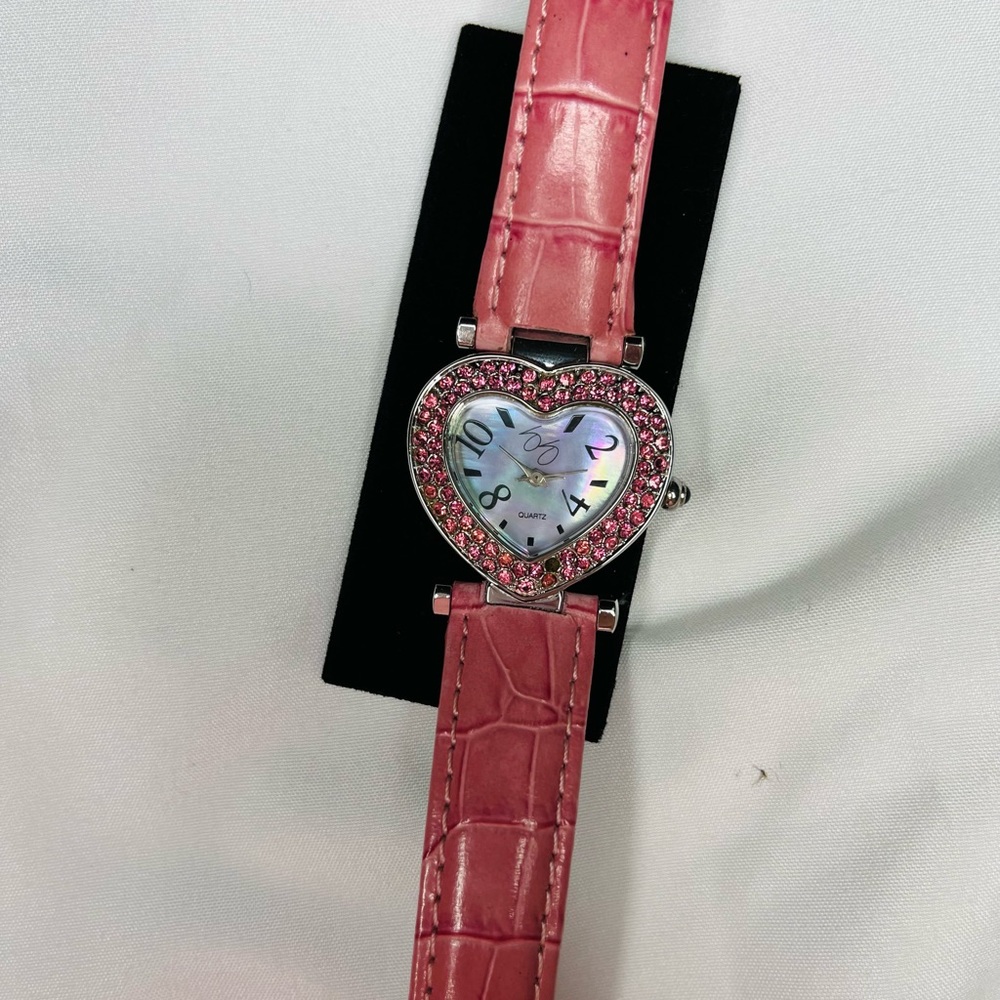 Heart-Shaped Pink Crystal Bezel & Croc Embossed Leather Watch by Suzanne Sommers
